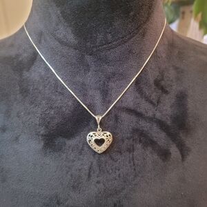 Vtg Sterling Silver 17' Italy .925 Chain Puffy Filigree Heart Charm Necklace